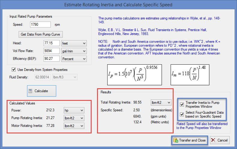 Figure 4:&nbsp; Power, Inertia, and Specific Speed Values Can be Calculated and Transferred to the Pump Properties Window