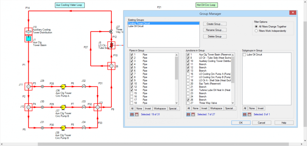Figure 3 - Cooling Water Loop pipes and junctions selected. Group has been created as shown in the Group Manager. b2ap3 large Thermal Linking Figure 3