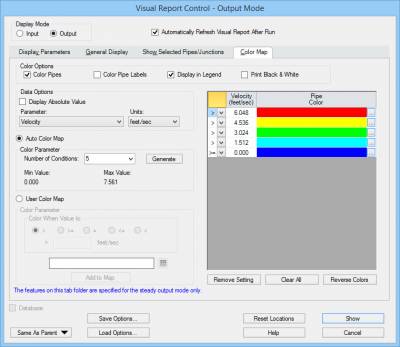 Figure 4 - Using the Auto Color Map feature to separate five ranges of pipe velocities.