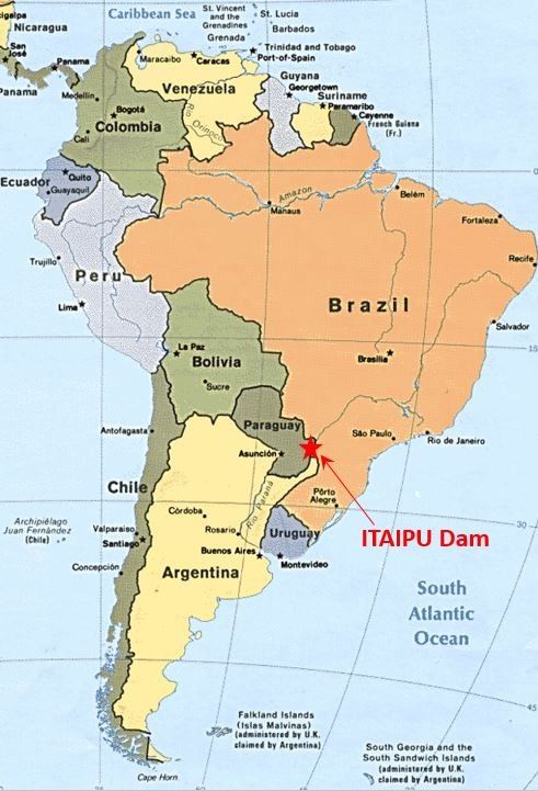 Location of Itaipu hydroelectric facility in South America on the border of Brazil and Paraguay on the Paraná River
