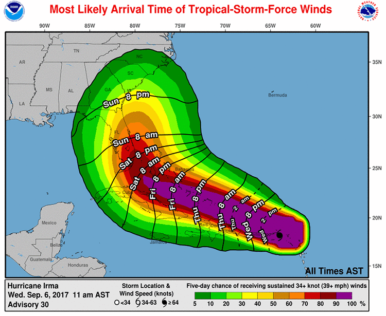 Predicted storm track for Irma 3 days before landfall in Florida
