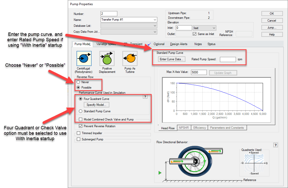 Required settings on Pump Model tab for startup including Reverse Flow options, Four Quadrant data, internal check valve settings, and pump curve data entry. Required settings on Pump Model tab for startup including Reverse Flow options, Four Quadrant data, internal check valve settings, and pump curve data entry.