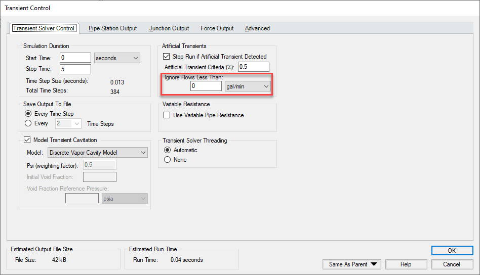 Transient Control window highlighting the option to ignore artificial transients that results from pipes with very small flowrates