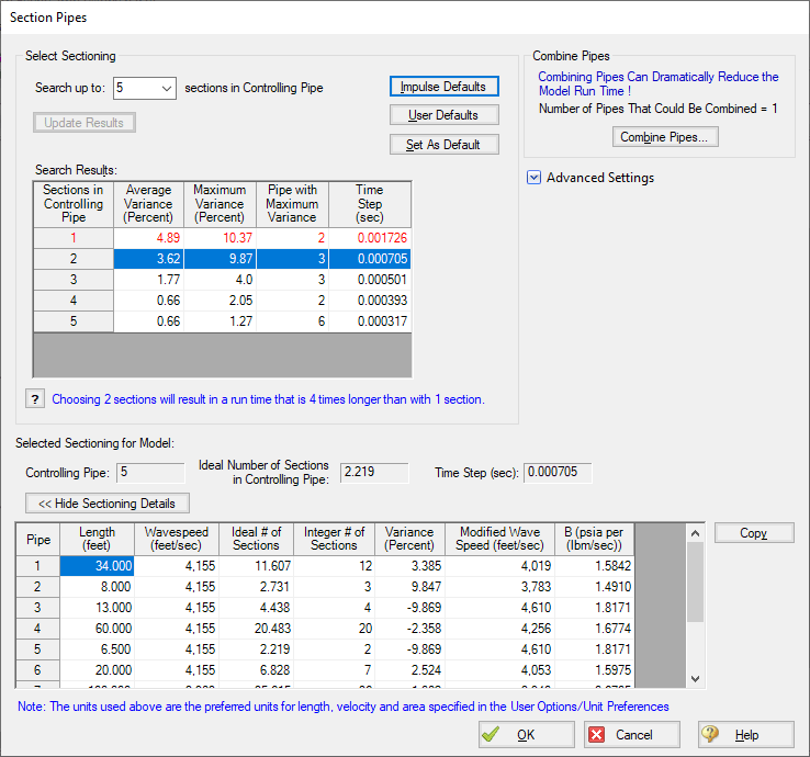 View of search and sectioning results for the initial pipe configuration in this model.