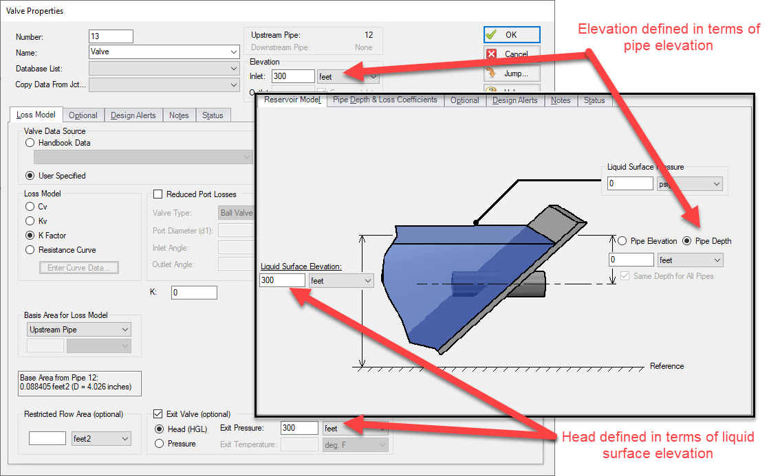 Exit valve definition in Valve Properties window and equivalent definition of Reservoir Properties window
